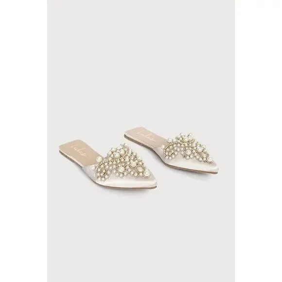 NWOT Lulus Flora Beige Suede Pearl Embroidered Pointed-Toe Flats 8 - Picture 2 of 3